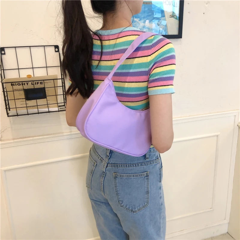 Purple Women Hobos Underarm Bag Retro Nylon Shoulder Bags Small Tote Clutch