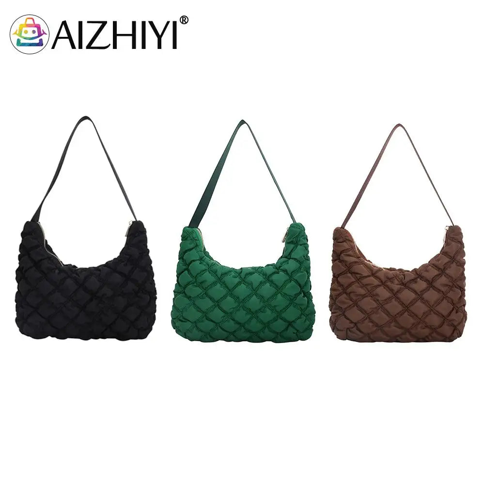 Quilted Cotton Padded Armpit Bag Women Mini Grid Crescent Shoulder Bag