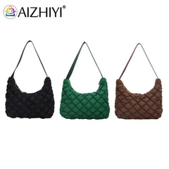 Quilted Cotton Padded Armpit Bag Women Mini Grid Crescent Shoulder Bag