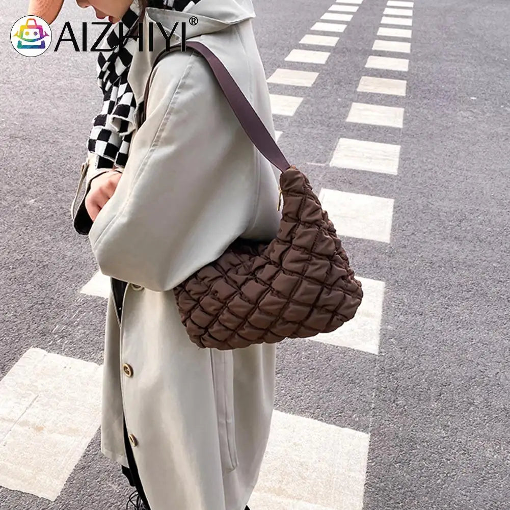 Quilted Cotton Padded Armpit Bag Women Mini Grid Crescent Shoulder Bag