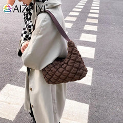 Quilted Cotton Padded Armpit Bag Women Mini Grid Crescent Shoulder Bag