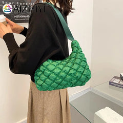 Quilted Cotton Padded Armpit Bag Women Mini Grid Crescent Shoulder Bag