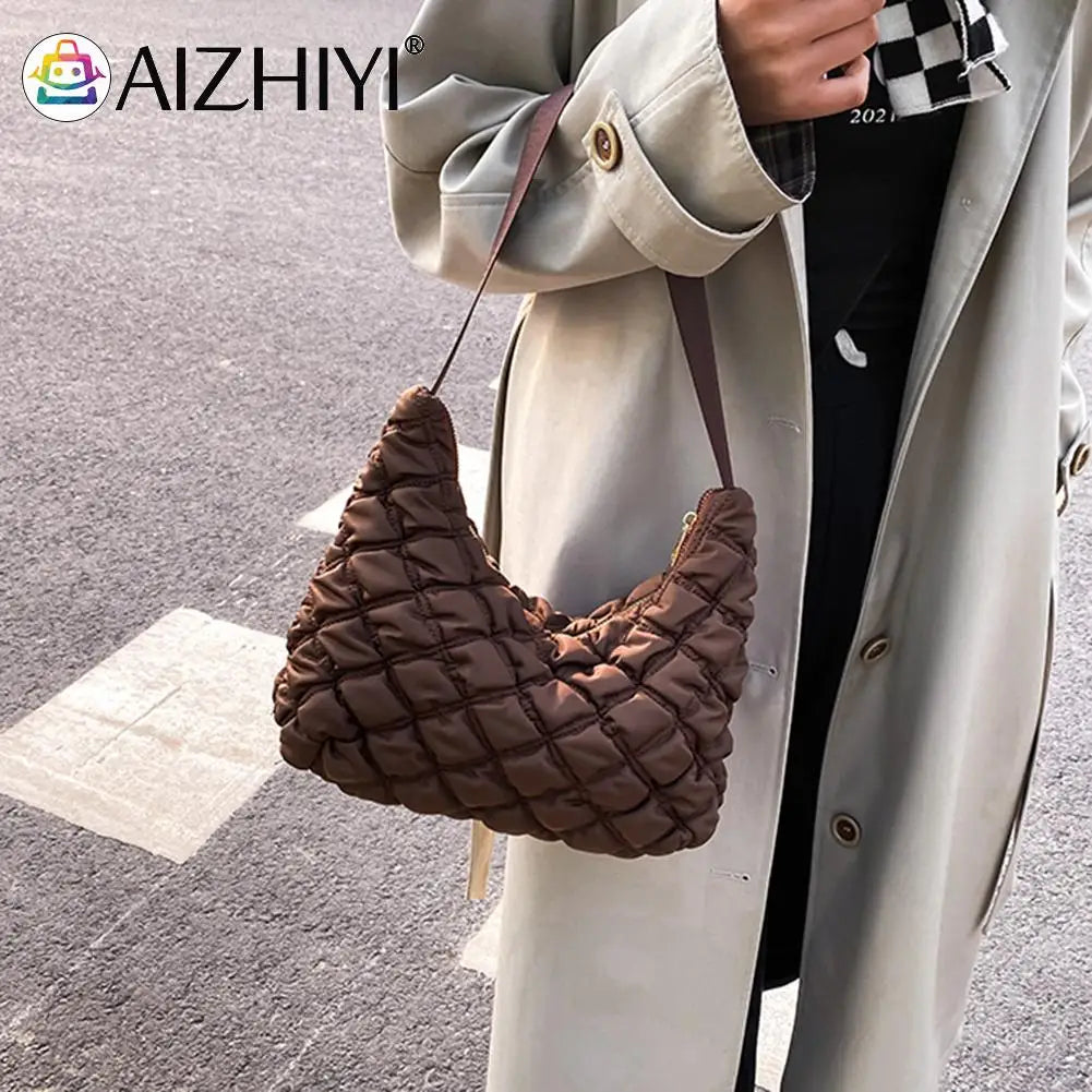 Quilted Cotton Padded Armpit Bag Women Mini Grid Crescent Shoulder Bag