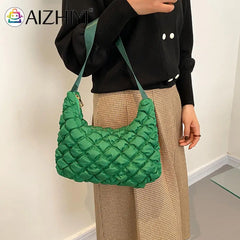 Quilted Cotton Padded Armpit Bag Women Mini Grid Crescent Shoulder Bag