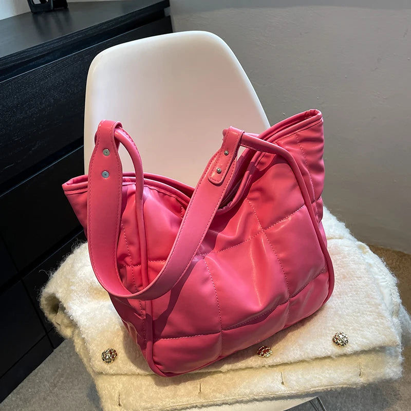 Quilted Large Tote Women Shoulder Bags Big Handle Handbags Soft Pu Leather Bag