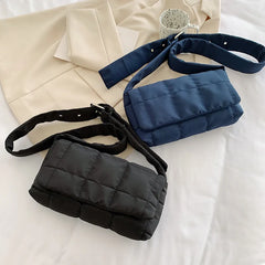 Quilted Padded Women Shoulder Bags Nylon Wide Strap Crossbody Bag
