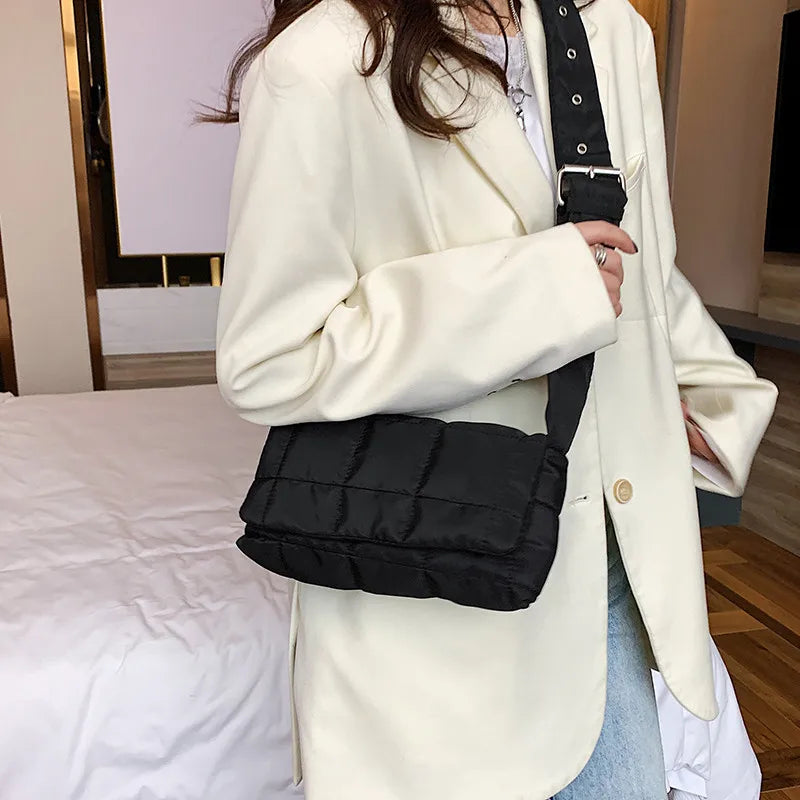 Quilted Padded Women Shoulder Bags Nylon Wide Strap Crossbody Bag