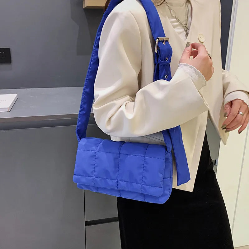 Quilted Padded Women Shoulder Bags Nylon Wide Strap Crossbody Bag