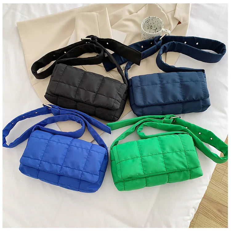 Quilted Padded Women Shoulder Bags Nylon Wide Strap Crossbody Bag
