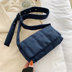 Quilted Padded Women Shoulder Bags Nylon Wide Strap Crossbody Bag