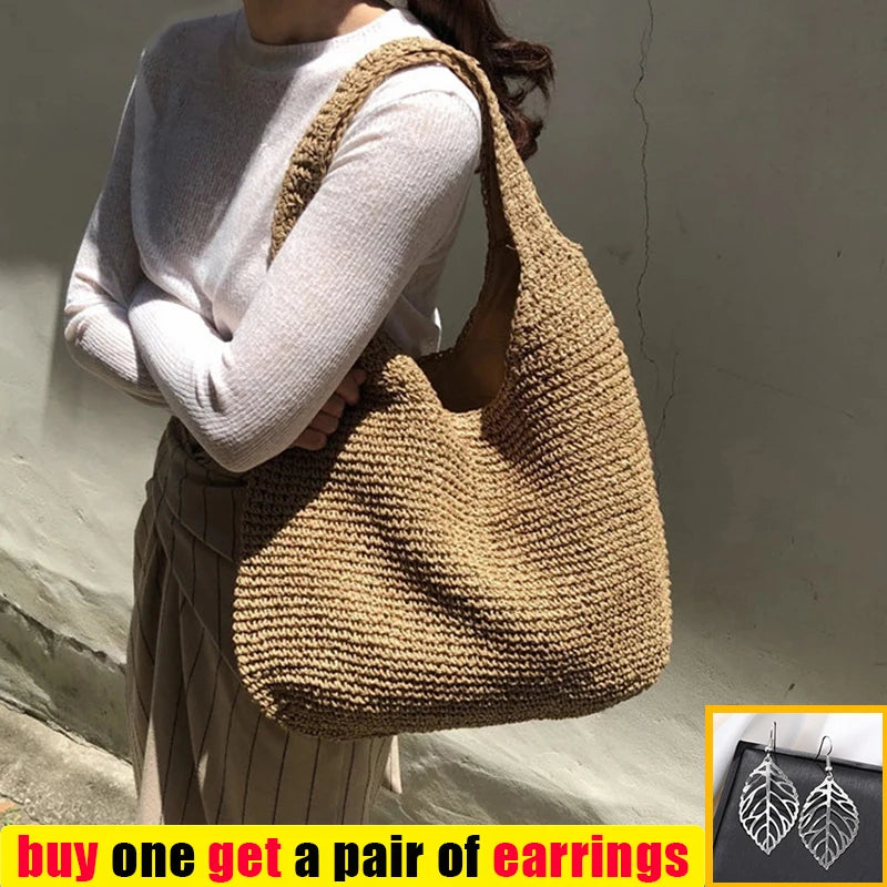 Rattan Straw Women Shoulder Bags Wicker Woven Handbags Large Capacity