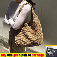 Rattan Straw Women Shoulder Bags Wicker Woven Handbags Large Capacity