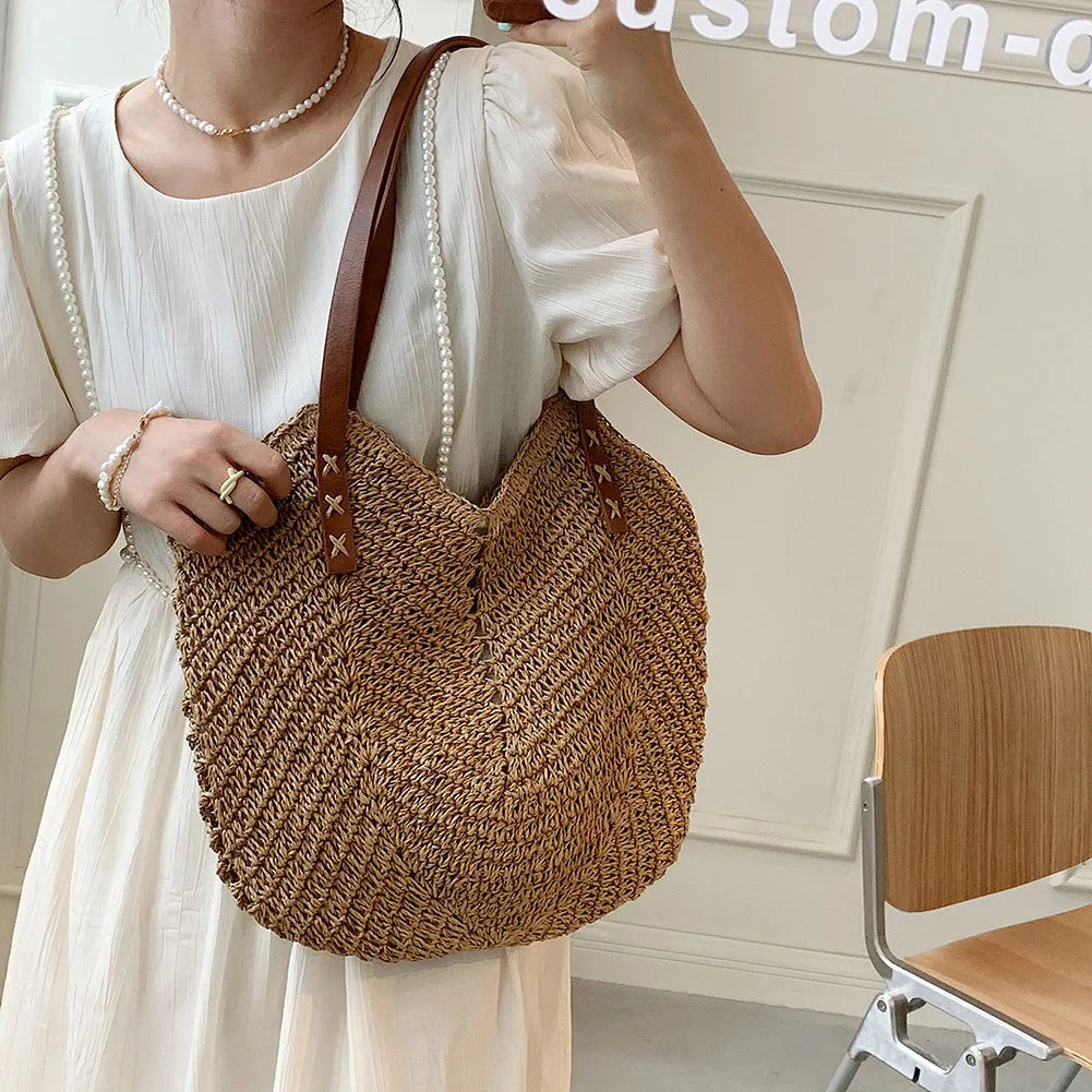 Rattan Women Shoulder Bags Straw Woven Handbags Large Capacity