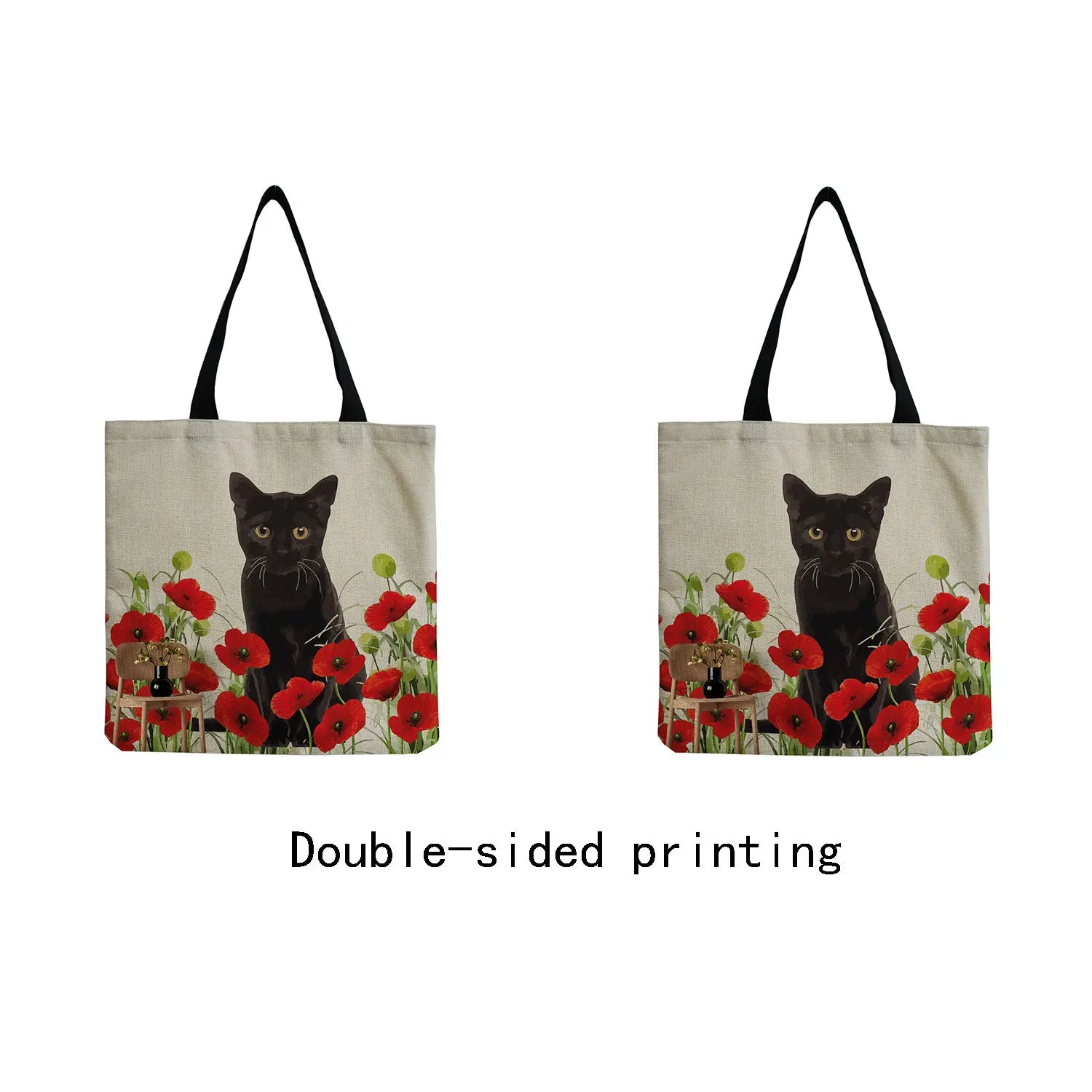 Red Floral Cat Printing Women Handbag Foldable High Capacity Tote Bags