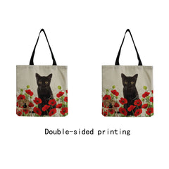 Red Floral Cat Printing Women Handbag Foldable High Capacity Tote Bags