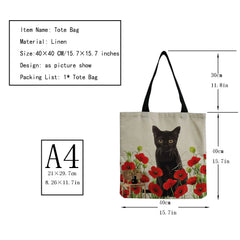 Red Floral Cat Printing Women Handbag Foldable High Capacity Tote Bags