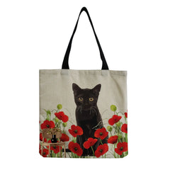 Red Floral Cat Printing Women Handbag Foldable High Capacity Tote Bags