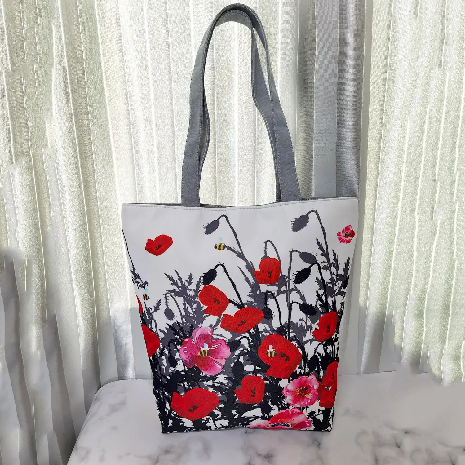 Red Flowers Handbags For Female Floral Print Shoulder Shopping High Capacity