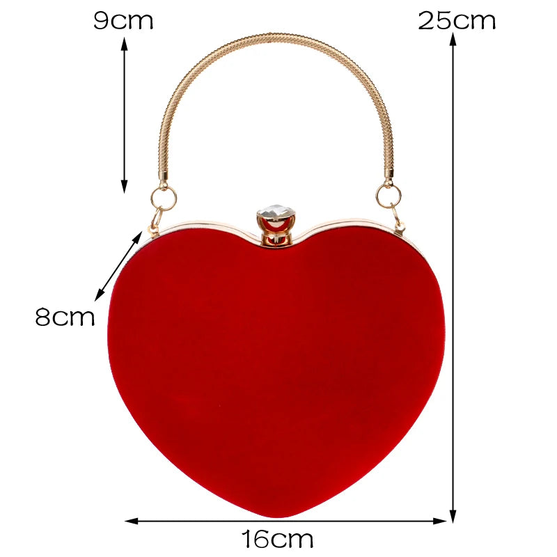 Red Heart Shaped Diamonds Evening Bag Chain Shoulder Purse Clutch