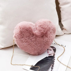 Red Lady Faux Fur Bag Winter Chains Heart Shaped Girls Princess Furry Plush