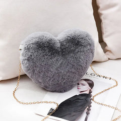 Red Lady Faux Fur Bag Winter Chains Heart Shaped Girls Princess Furry Plush
