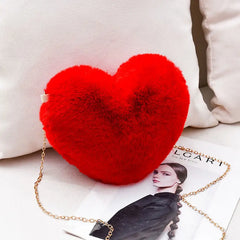 Red Lady Faux Fur Bag Winter Chains Heart Shaped Girls Princess Furry Plush