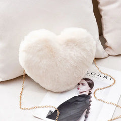 Red Lady Faux Fur Bag Winter Chains Heart Shaped Girls Princess Furry Plush