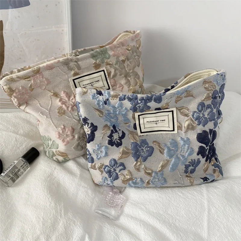 Relief Flowers Print Cosmetic Bag Canvas Washing Bag Large Capacity