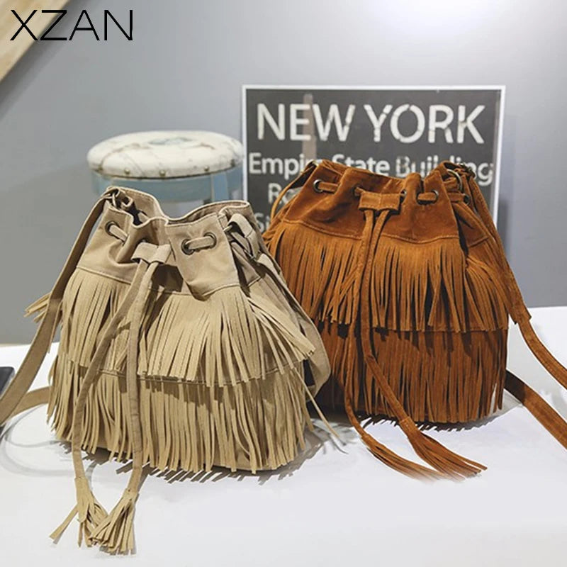 Faux Suede Fringe Women Messenger Bag Tassel Shoulder Handbag Bucket