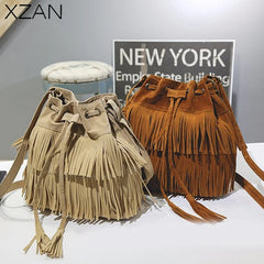 Faux Suede Fringe Women Messenger Bag Tassel Shoulder Handbag Bucket