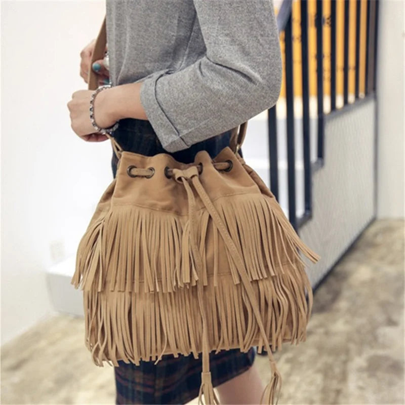 Fringe Women Messenger Bag Faux Suede Tassel Shoulder Crossbody Bucket