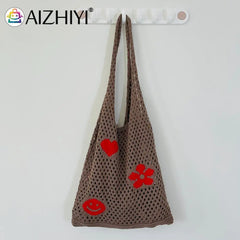 Retro Knitted Shoulder Bag Beach Mesh Hollow Flower Woven Tote Handbag