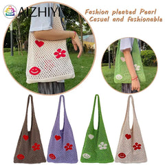 Retro Knitted Shoulder Bag Beach Mesh Hollow Flower Woven Tote Handbag