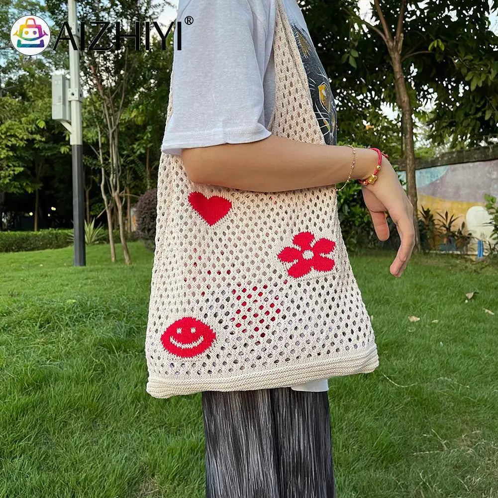 Retro Knitted Shoulder Bag Beach Mesh Hollow Flower Woven Tote Handbag