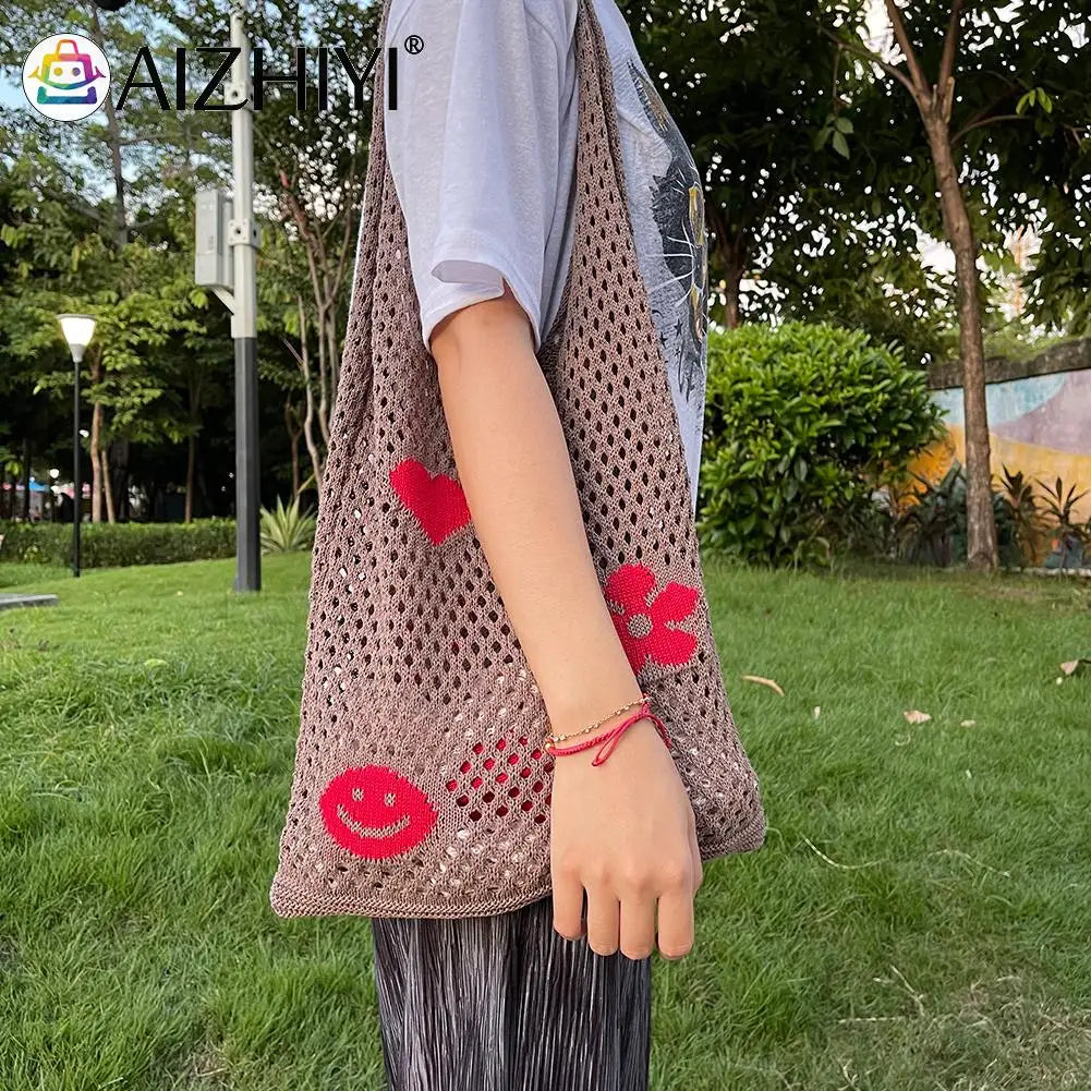 Retro Knitted Shoulder Bag Beach Mesh Hollow Flower Woven Tote Handbag