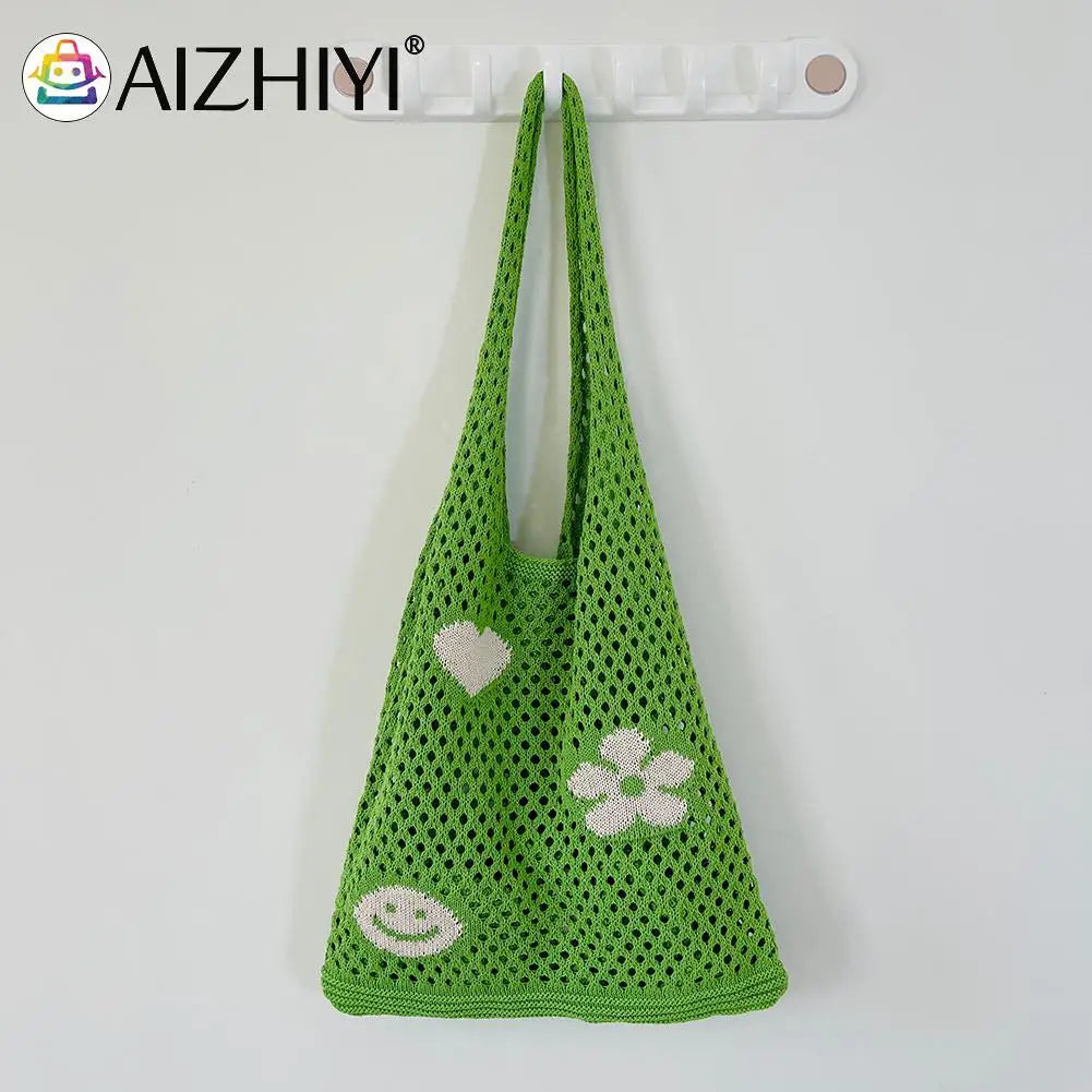 Retro Knitted Shoulder Bag Beach Mesh Hollow Flower Woven Tote Handbag