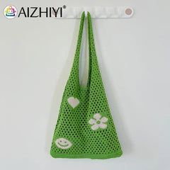 Retro Knitted Shoulder Bag Beach Mesh Hollow Flower Woven Tote Handbag