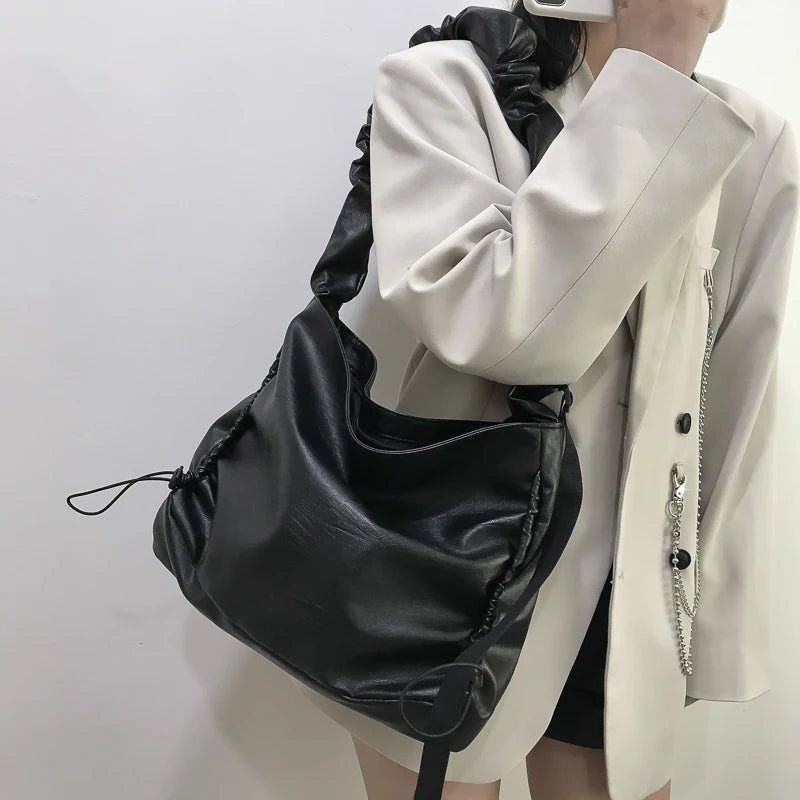 Retro Solid Crossbody Bag Women Pleated Cloud PU Totes Travel Streetwear