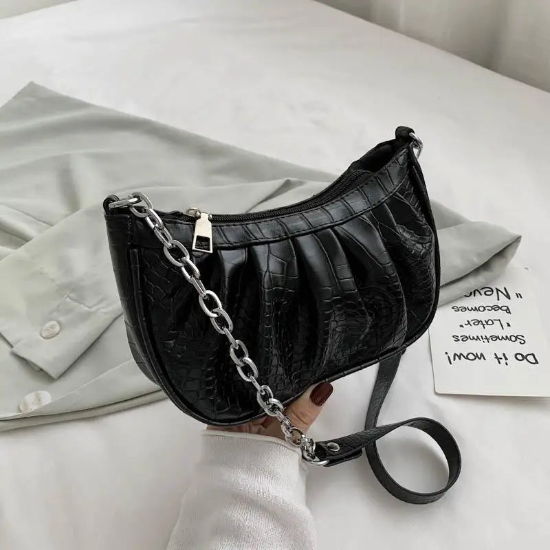 Retro Solid Crossbody Bag Women Pleated PU Dumpling Bag