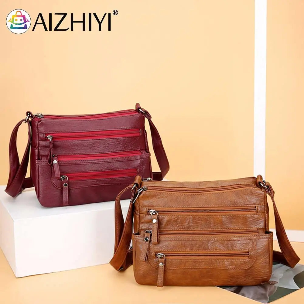 Retro Multi-pocket Shoulder Bag Soft Leather Mother Messenger Bag