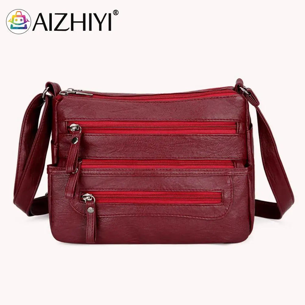 Retro Multi-pocket Shoulder Bag Soft Leather Mother Messenger Bag