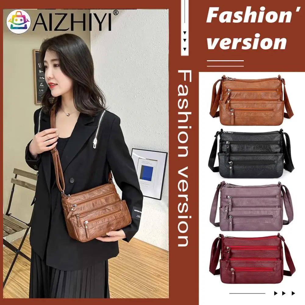 Retro Multi-pocket Shoulder Bag Soft Leather Mother Messenger Bag