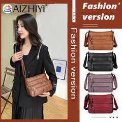 Retro Multi-pocket Shoulder Bag Soft Leather Mother Messenger Bag