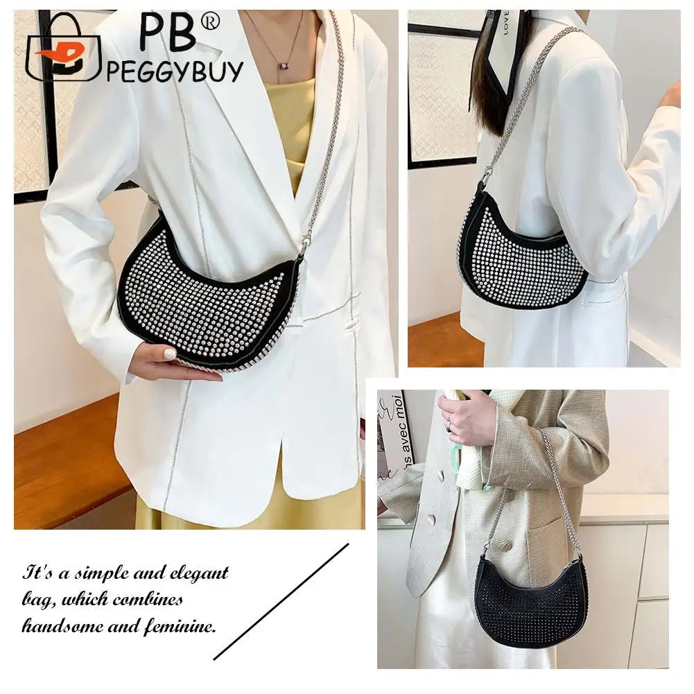 Rhinestone Crossbody Bags Small PU Leather Shoulder Bags for Women Zipper Handba