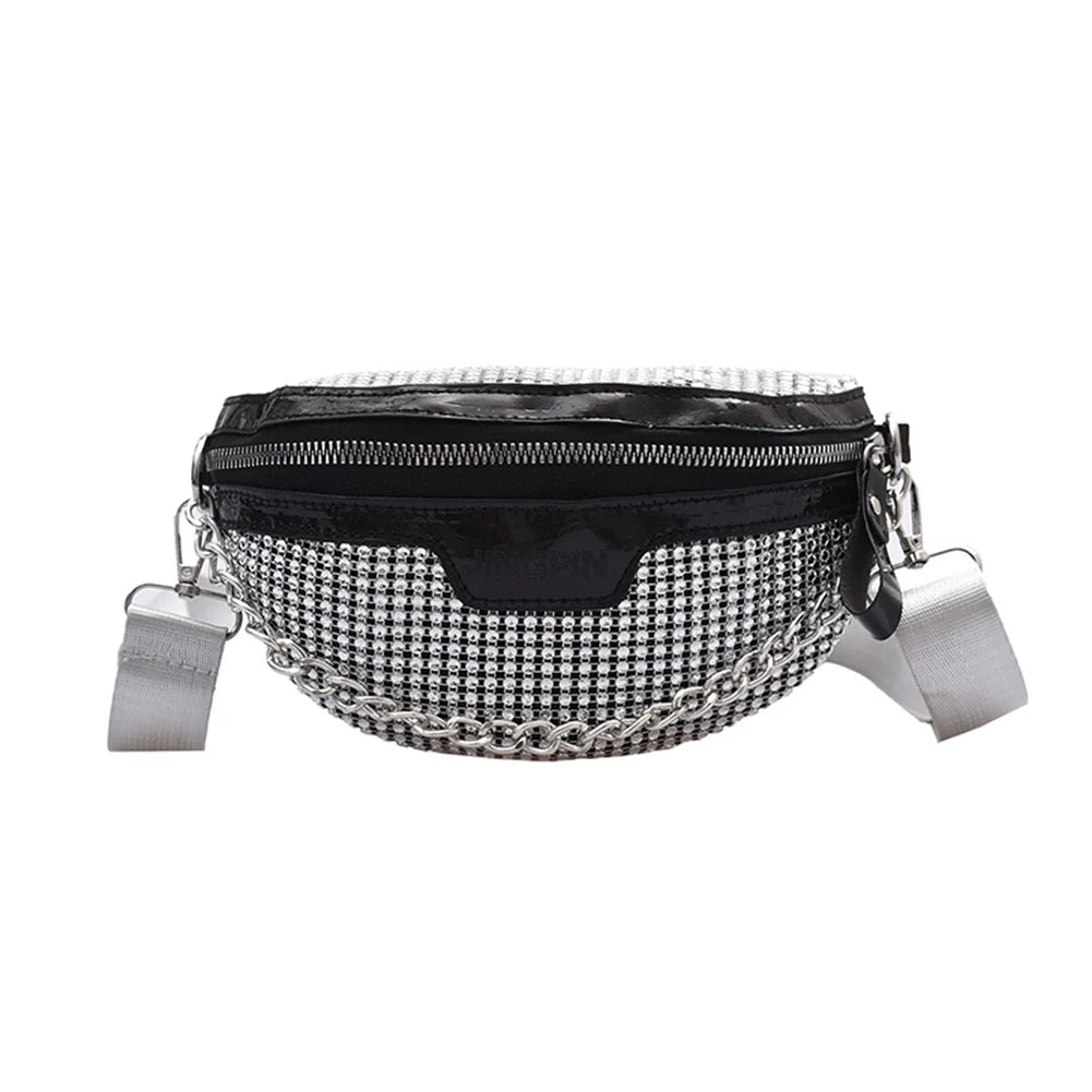 Rhinestone Fanny Chest Pack Women Chain Zipper Waist Phone Belt Pouch