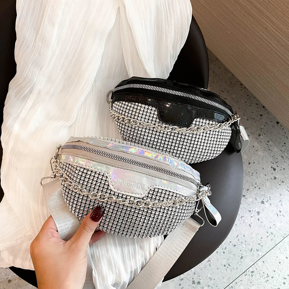Rhinestone Fanny Chest Pack For Women Chain Zipper Waist Phone Belt Pouch