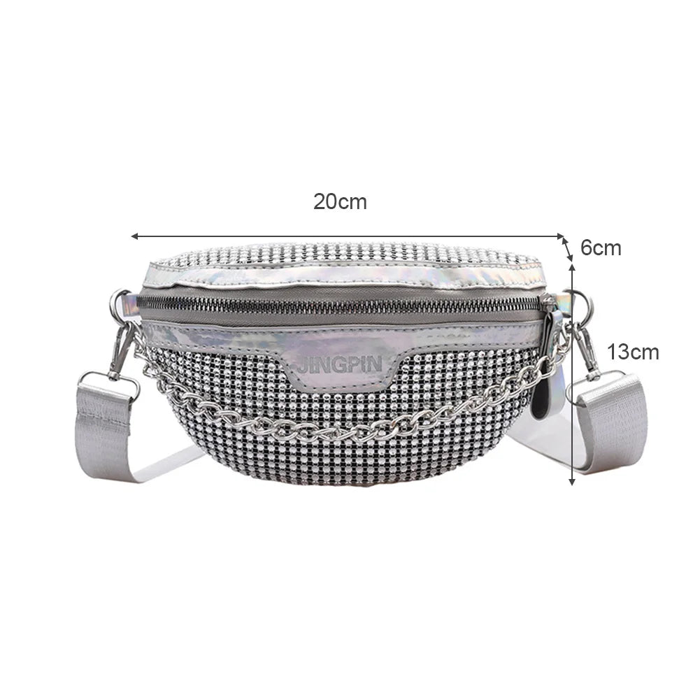 Rhinestone Fanny Chest Pack For Women Chain Zipper Waist Phone Belt Pouch
