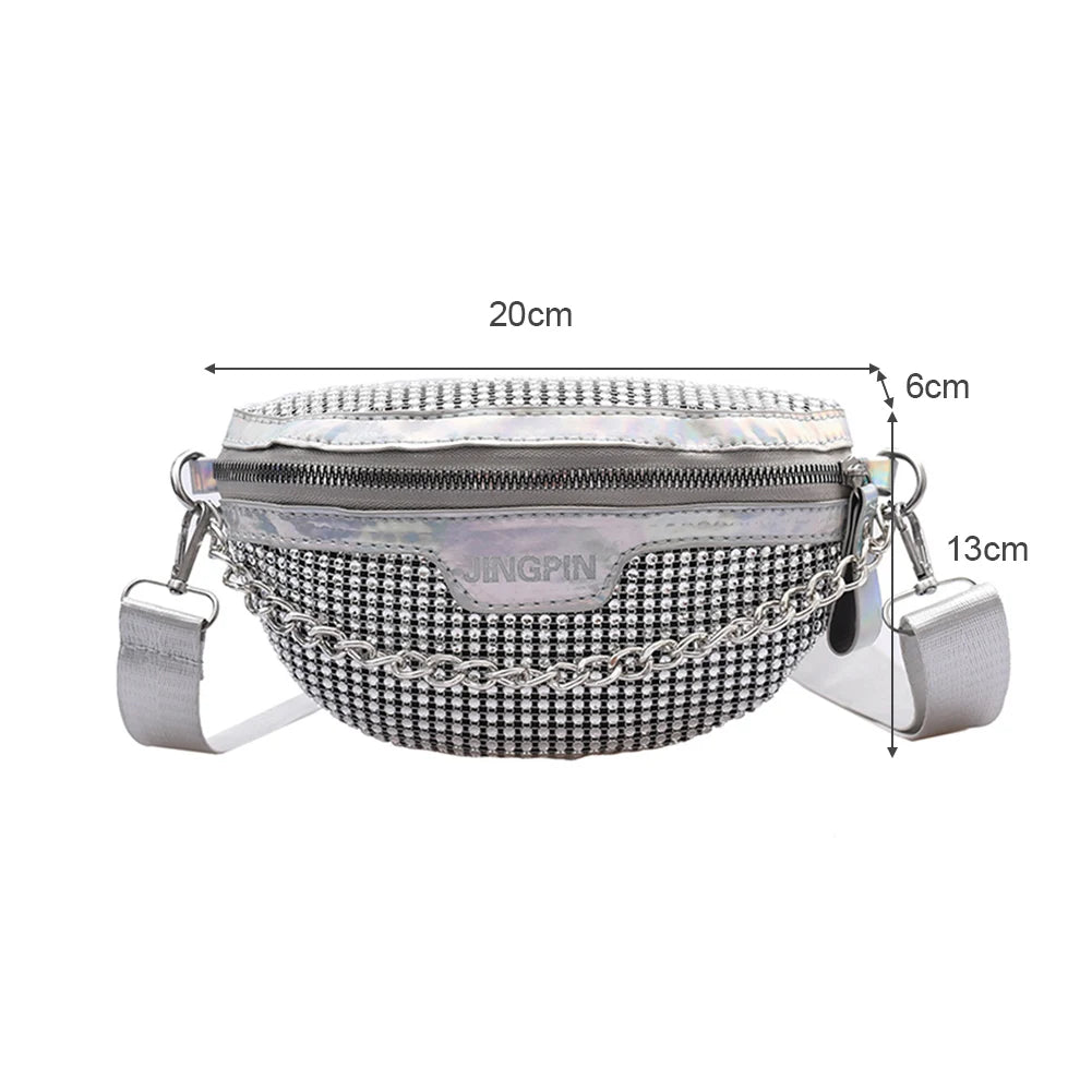 Rhinestone Fanny Chest Pack Women Chain Zipper Waist Phone Belt Pouch
