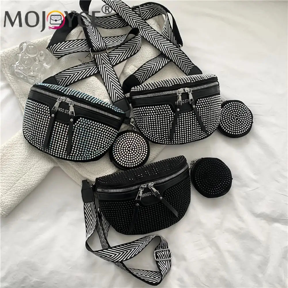 Rhinestone Waist Belt Bag Shoulder Crossbody PU Leather Chest Phone Pack Women