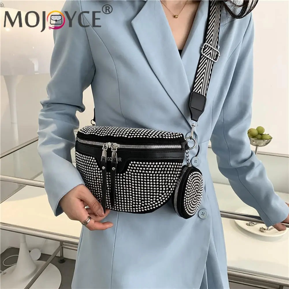 Rhinestone Waist Belt Bag Shoulder Crossbody PU Leather Chest Phone Pack Women